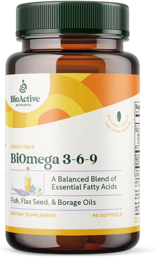 BIOACTIVE NUTRIENTi BiOmega 3-6-9 Supplemento Softgels per le donne e gli uomini - Omega 3 6 9 - Complesso del miglior pesce, olio di semi di lino e olio di borragione - 1200mg - 90 Softgels