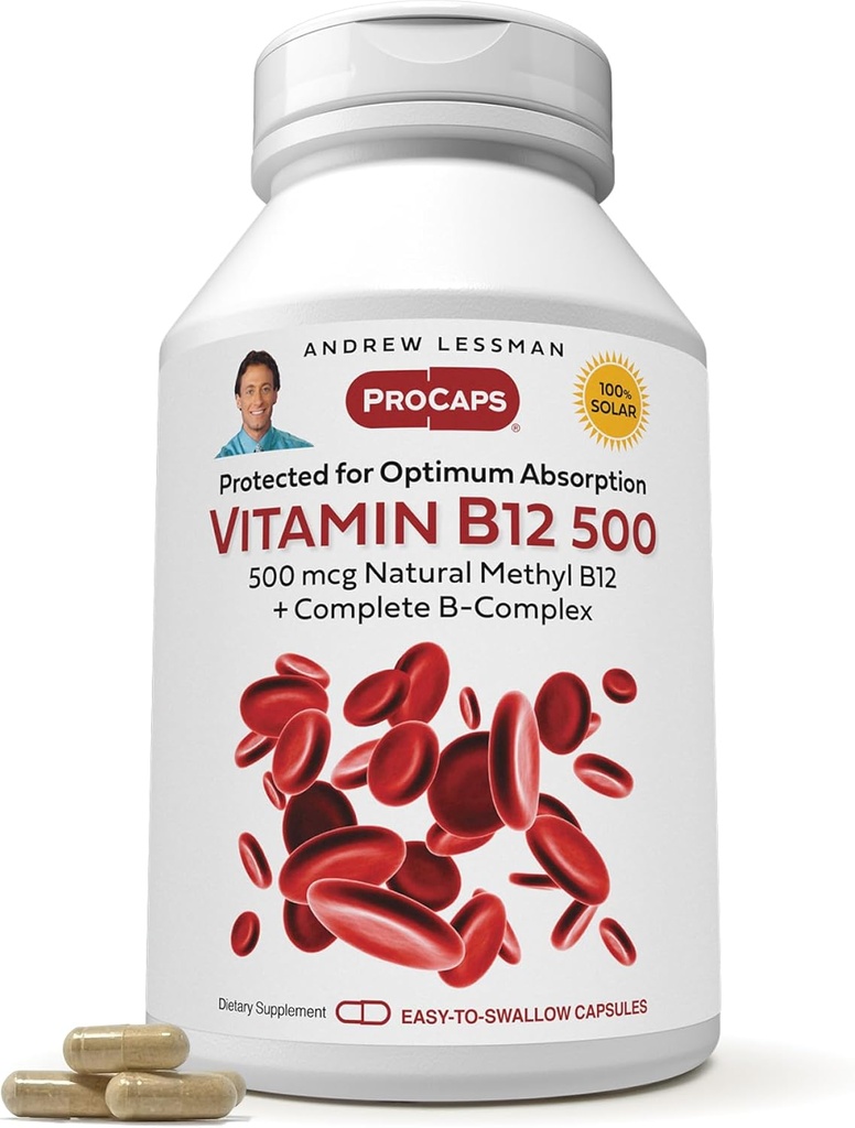 ANDREW LESSMAN Vitamina B12 500 720 Capsule - Assorbimento-Protetto Methylcobalamin (Natural Coenzyme Vitamin B12), Essenziale per l'energia e il supporto dello stress, Plus B-Complex, Facile da ingoiare capsule