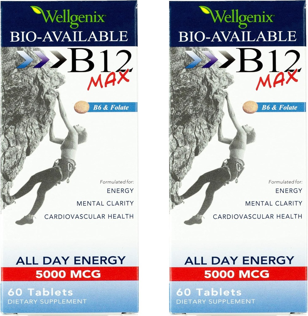 Wellgenix Bio-Available Sublingual B12 Max - Formulato per alto assorbimento - Nutrizione Multivitamina B12, B6, Folate - Dissolve veloce (60 Ct) 2 Pack