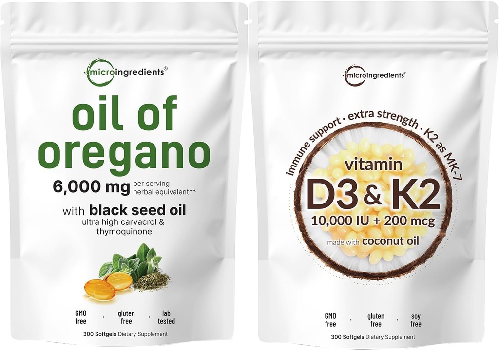 Micro Ingredienti Olio di Oregano Softgels 6.000mg Per Serving & Vitamina D3 10.000iu + K2 200mcg Olio di cocco Softgels Bundle 2 Pack | Carvacrol & Thymoquinon | Vitamine di sole essenziali