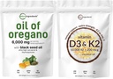 Micro Ingredienti Olio di Oregano Softgels 6.000mg Per Serving & Vitamina D3 10.000iu + K2 200mcg Olio di cocco Softgels Bundle 2 Pack | Carvacrol & Thymoquinon | Vitamine di sole essenziali