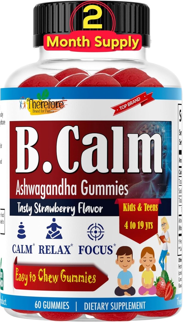Pertanto B.Calm Kids Focus & Attenzione Gummies - Anti-Stress, Memoria, Mood & Relax- Natural Calm Ashwagandha per bambini e adolescenti – Vitamine di messa a fuoco per adolescenti – Fragola Flavor, 60 ct