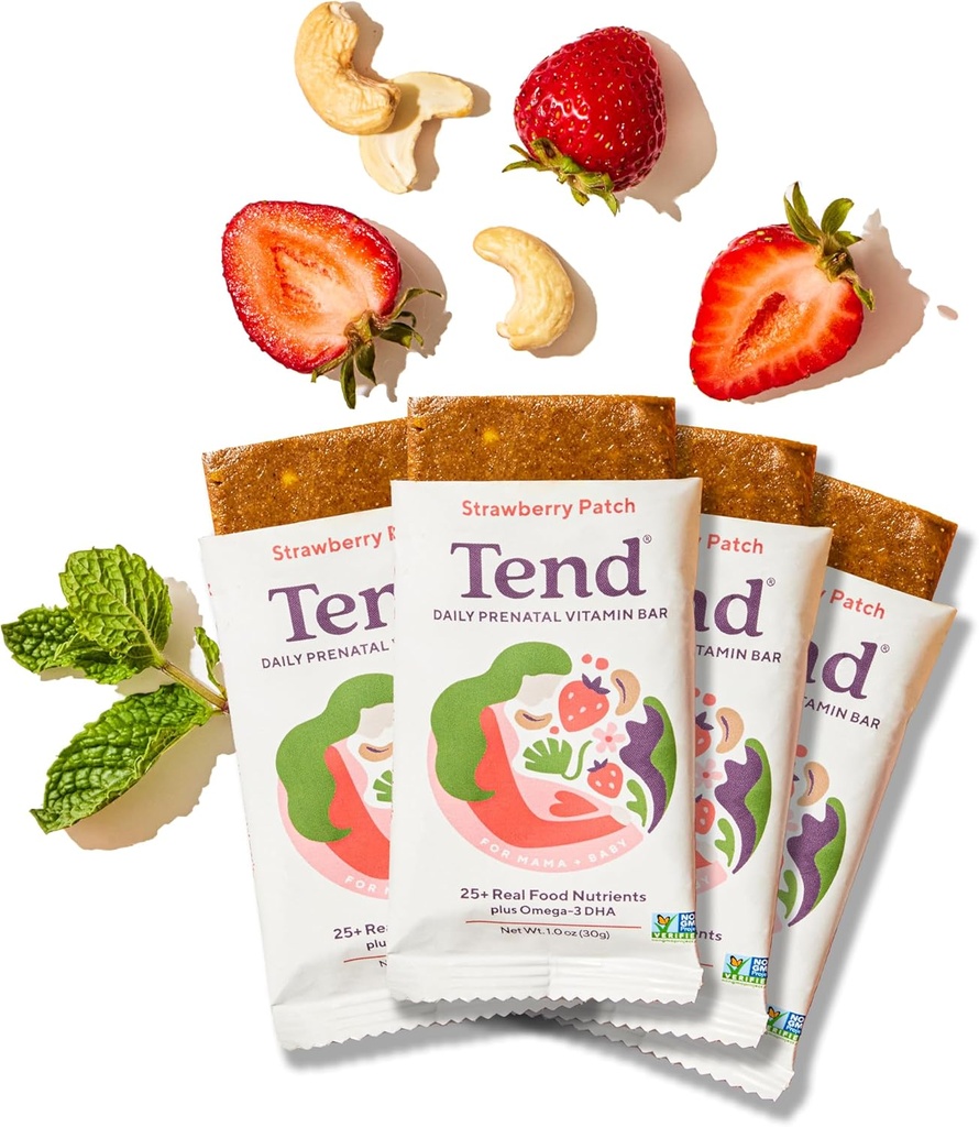 Tend Daily Best Prenatal Vitamin Bar, Realizzato con ingredienti biologici per le madri incinte e postpartum, Include DHA, Vitamina D, B, Choline, Folate - Patch fragola (4ct)