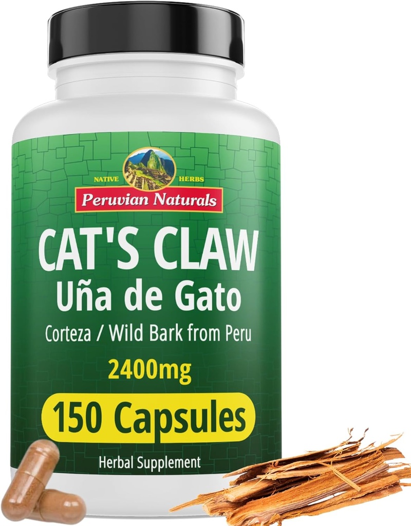 Peruviano Naturals Claw Herbal Supplement 150 Capsules - Uña de Gato 2400mg di Vegan, 100% Natural Cats Claw Bark Cresciuto in Perù, Non OGM, Uncaria Tomentosa UNA de Gato