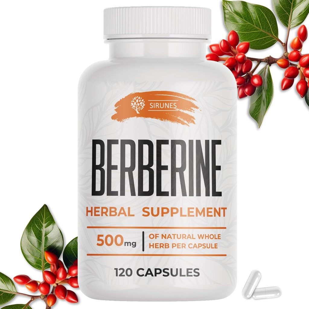 SIRUNES Berberina Supplemento – Berberina HCL Integratore alimentare per uomini e donne – Non OGM Berberina 500mg – Ideale per il supporto immunitario, cuore, colesterolo Livelli 120 capsule