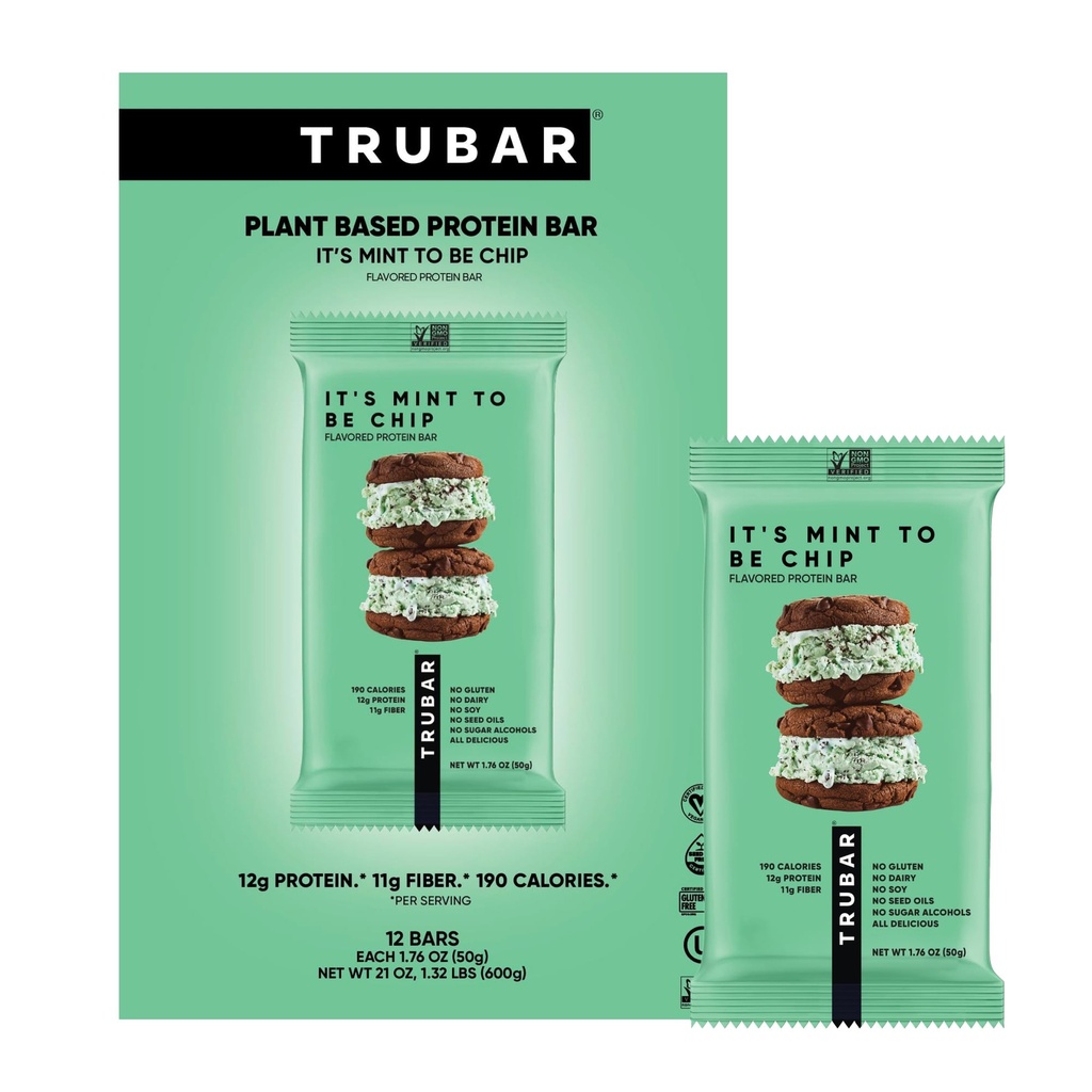 TRUBAR Vegan Protein Bars - Soy Free, Dairy Free, Gluten Free Protein Bars - No Sugar Alcohols - Non-GMO - 12g di Protein - È Mint Be Chip - 12 Conte
