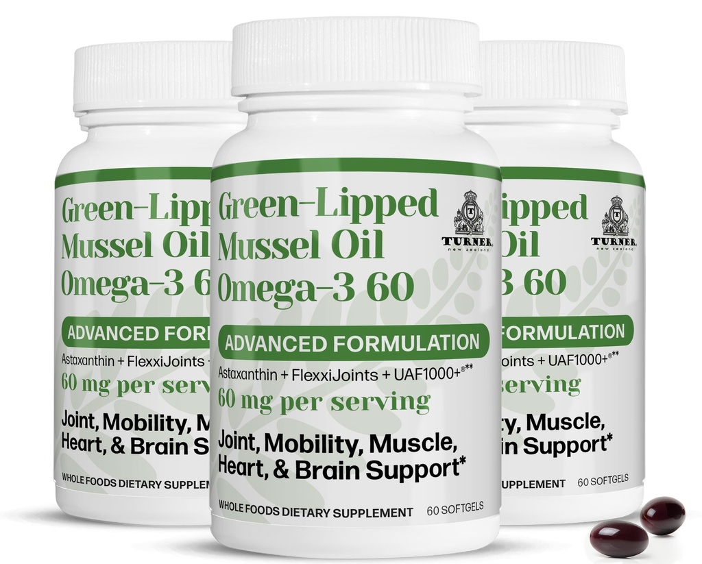 TURNER New Zealand Green Lipped Omega-3 Mussel Oil, 53x Alta Potenza con UAF1000 + Super Antiossidante. Nessun retrogusto Pesceso, 3 bottiglie, 180 Softgels