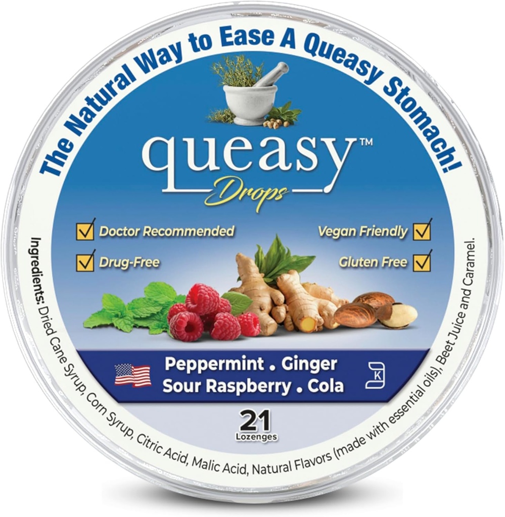 Tre pillole Queasy Drops - Ease Chemotherapy Nausea & Travel Sickness - Allevia una mucca secca - Ingredienti naturali - 21 ct