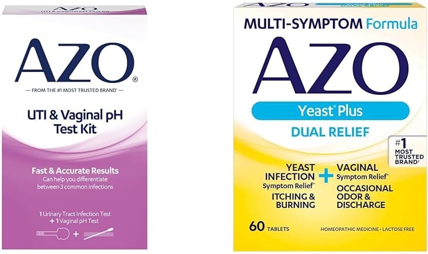 AZO Urinary Tract Infection Test Strip + Vaginal pH Test Kit + lievito infezione & Vaginal Symptom Relief Tablets, 60 Conte