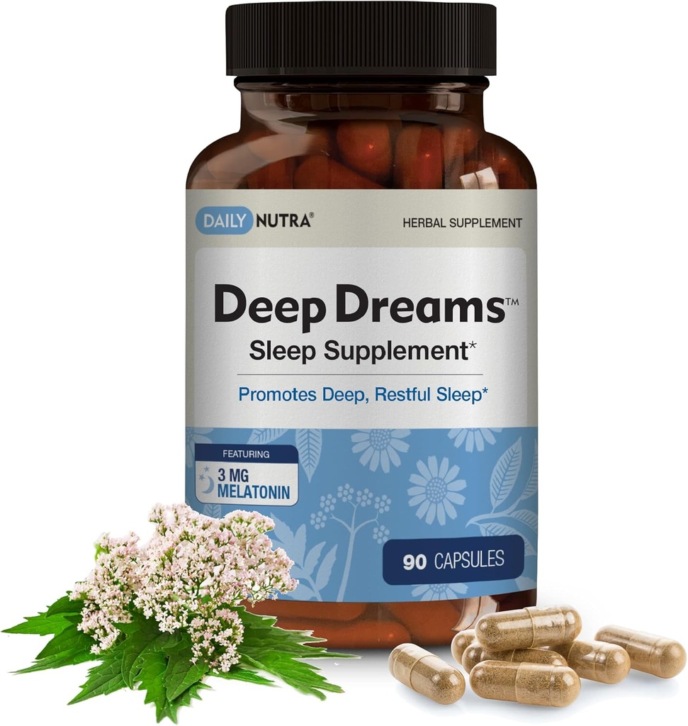 Deep Dreams ~ Natural Sleep Supplement - Promuove il sonno profondo, riposante - Blend of Melatonin, L-Tryptophan, Apigenin, Valerian, Camomilla, & Passionflower (90 capsule)