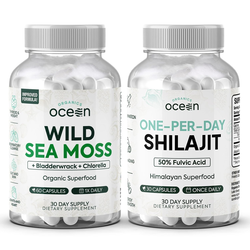 Organics Ocean Wild Sea Moss Capsules e One-per-Day Shilajit per Uomini e Donne - 100% Irish Sea Moss e Pure Shilajit Capsule - Supporto tiroide per donne e uomini