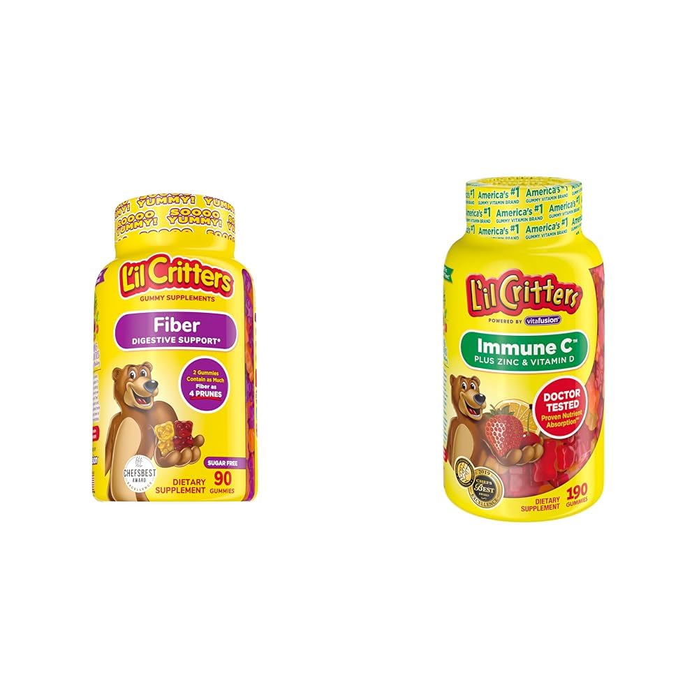 L’il Critters Fiber Daily Gummy Supplement per bambini, per il supporto digestivo, Berry and Lemon Flavors & Immune C Daily Gummy Supplement Vitamin per bambini, per vitamina C, D e zinco per il supporto immunitario