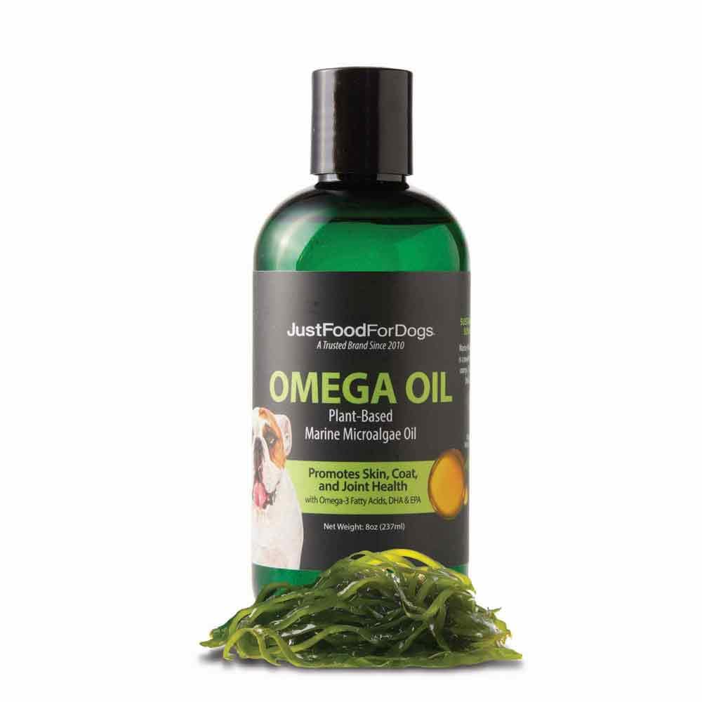 JustFoodForDogs Omega Plus Olio Omega-3 supplemento per cani, Skin & Coat Support, Joint Health, EPA & DHA da olio di alghe, sostenibile & Eco-Friendly - 8 oz