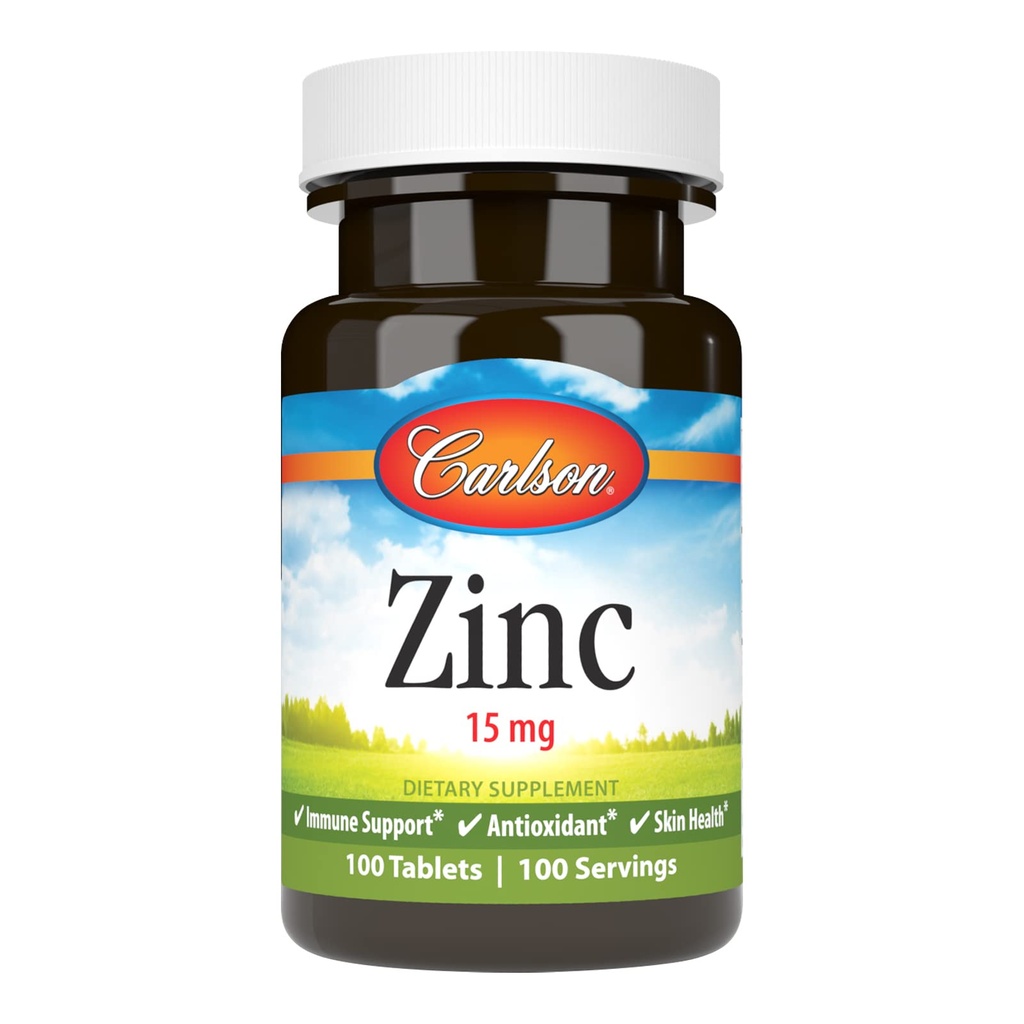 Carlson - Zinc, 15 mg, Integratore di zinco, Gluconato di zinco, Supporto immunitario e salute della pelle, Compresse di zinco, Antiossidante, Capsule di zinco, 100 compresse