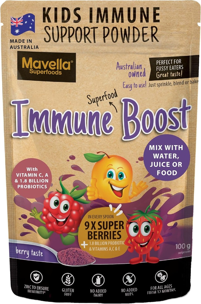 Polvere di sostegno immunitario per bambini - Boost immunitario con vitamina C A + E, Magnesio e Probiotici per con 9 Superberrimi - Gummies immunità Berry Taste Alternative 3.52oz (100g)