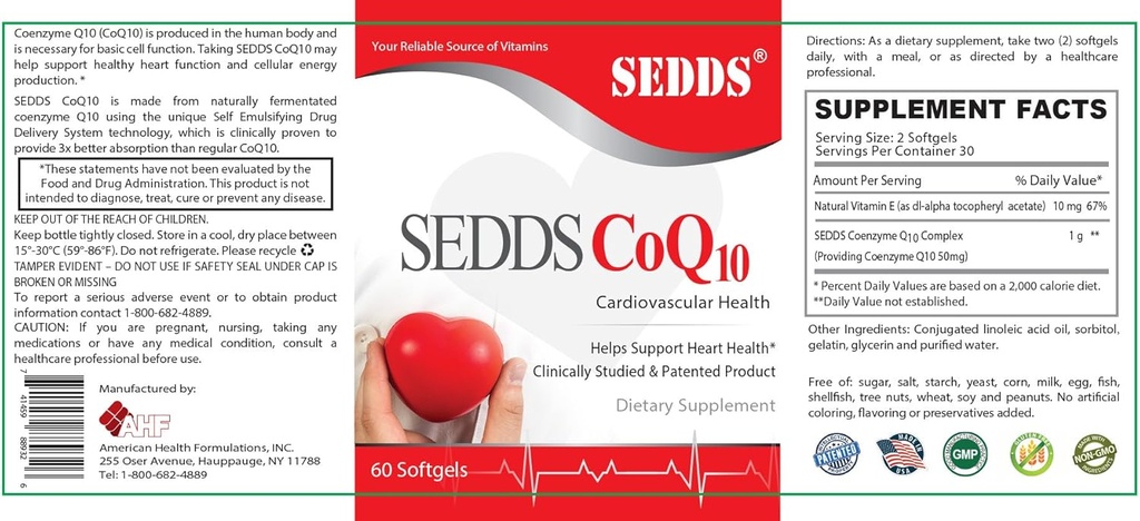 SEDDS® CoQ10 Ubiquinol Cardiovascular Health Supplement, Vitamina giornaliera per la salute e l'energia del cuore (60 conte), Softgel liquido ad alta assorbimento per alta pressione sanguigna e colesterolo
