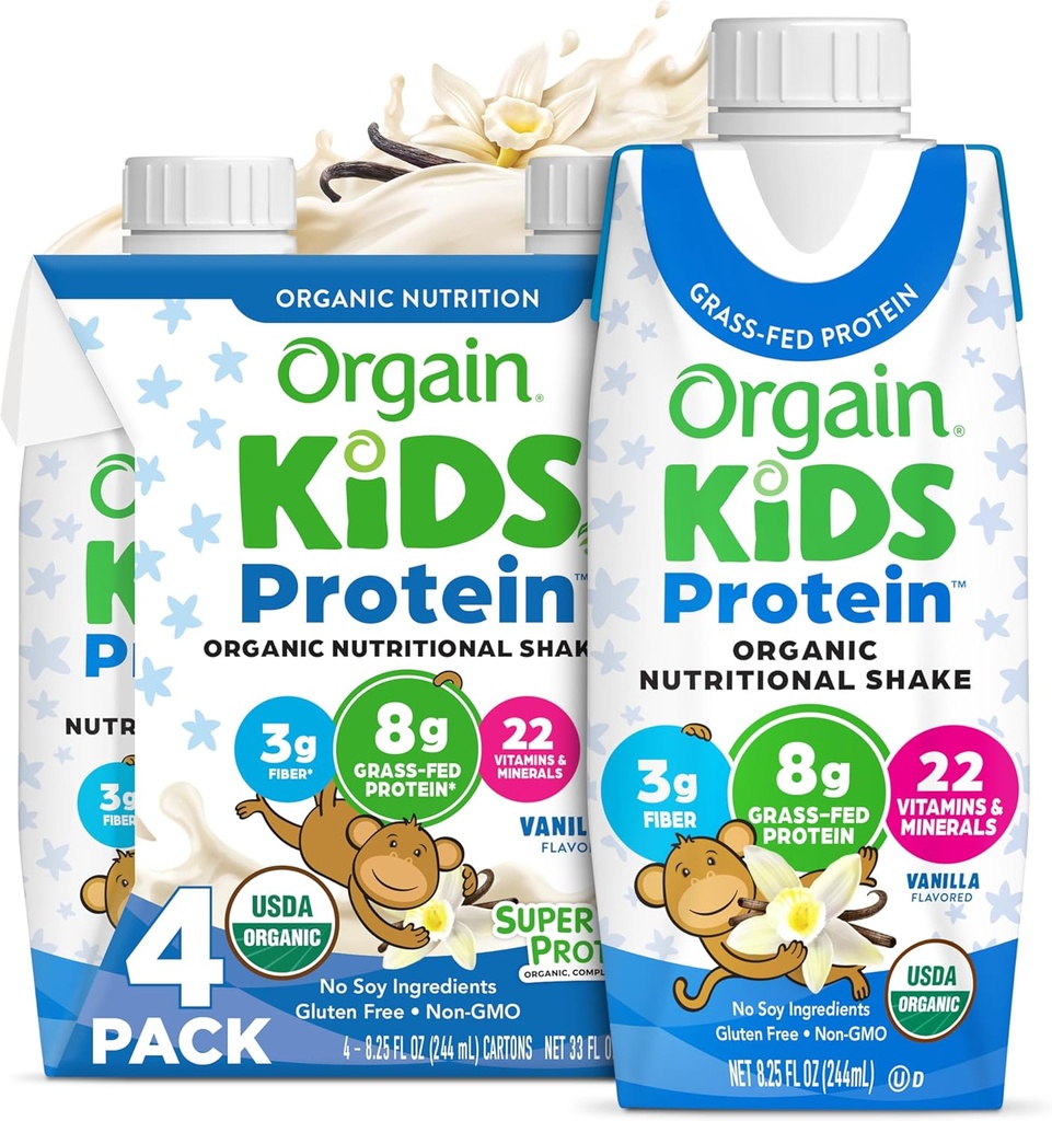 Orgain Organic Kids Protein Nutritional Shake, Vanilla - 8g di Proteine, 22 Vitamine & Minerali, Frutta & Verdura, Gluten Free, Soy Free, Non OGM, 8.25 Fl Oz (Pack of 4)