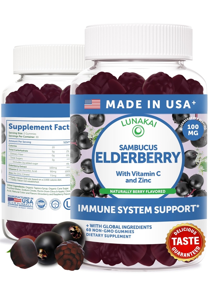 Lunakai USA Made Black Sambucus Elderberry Gummies for Adults & Kids with Vitamin C & Zinc - Supporto immunitario, Antiossidanti, Non OGM, 60 Gummies