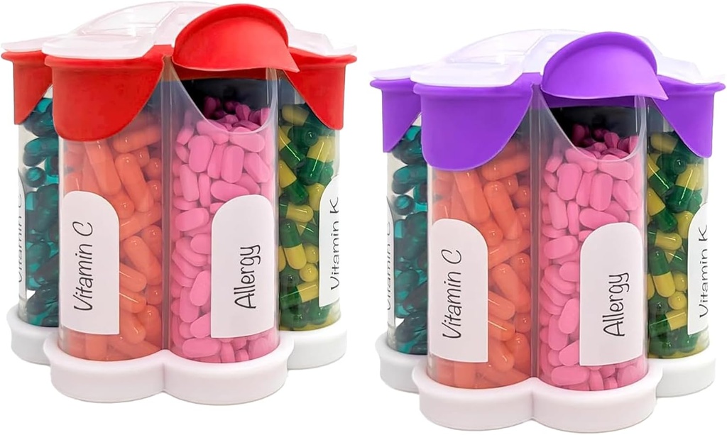 Extra Large Pill Organizer Daily, Weekly, Monthly Supplement Bottiglia, Grazioso Blossom Pill Dispenser con 7 XL Confronti (2 Pack Combo) (Purple e Rosso)