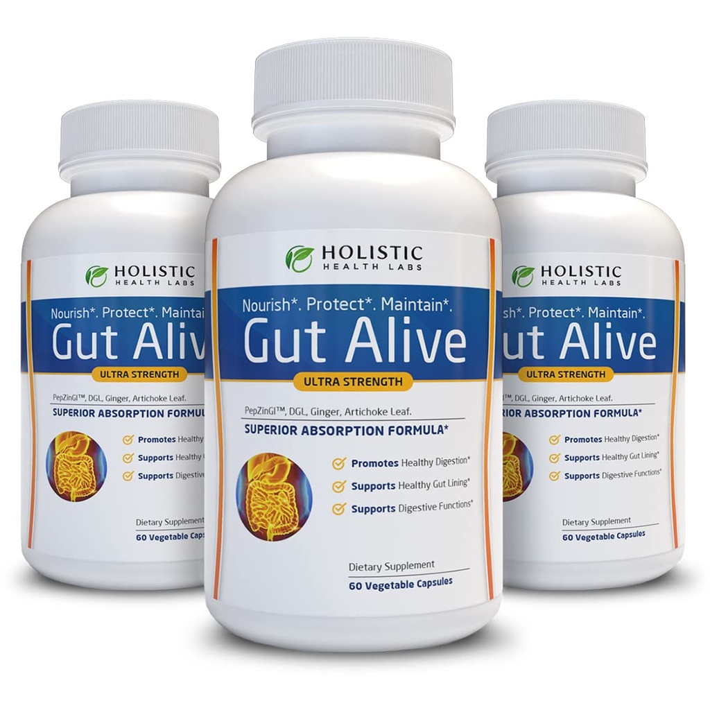 Gut Alive - Tutto il supporto naturale per combattere IBS, bruciore di stomaco, indigestione acida, riflusso acido, Bloating & Gas. Formulazione unica (60 Conte (Pack of 3))