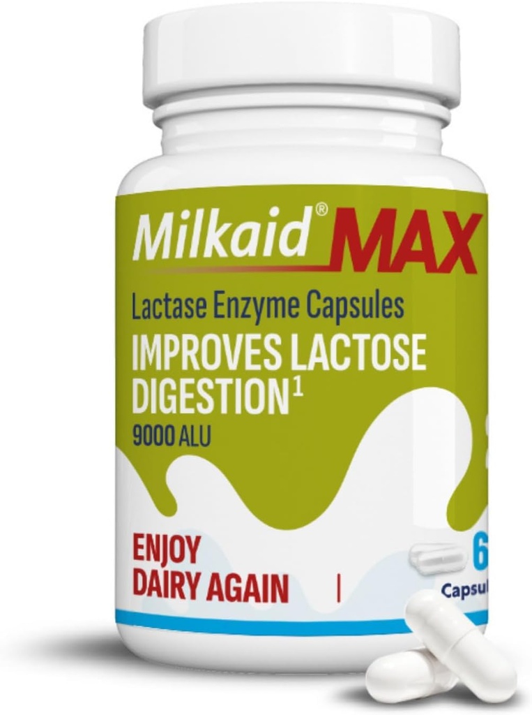 Milkaid Max Capsules per Lactose Intolerance Relief with Lactase Enzyme, Integratore alimentare per aiutare a prevenire il gas, Bloating & Diarrhea a causa della sensibilità al lattosio | 9000 ALU (60 capsule, non aromatizzati)