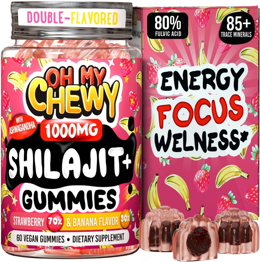 Pure Himalayan Shilajit Gummies - High Potency Gold Grade Resina - Energy Boost e Supporto Immune per Uomini e Donne con Ashwagandha e Shatavari - 60 Gummy - Strawberry & Banana