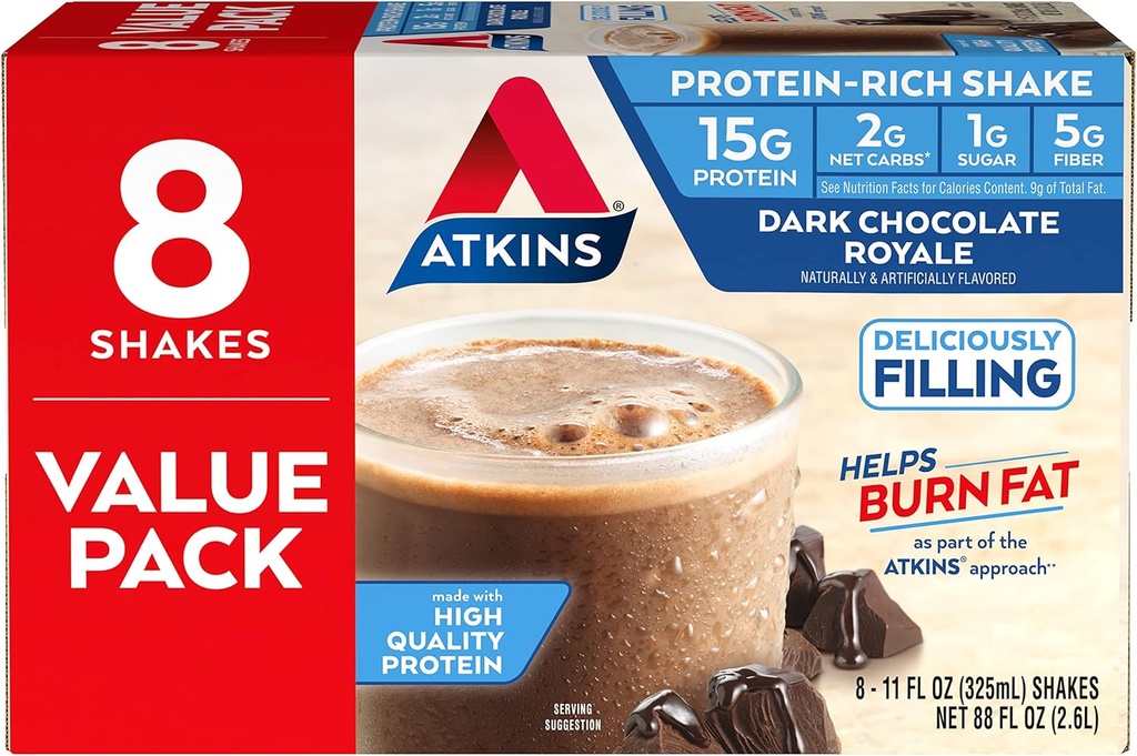 Atkins Gluten Free Protein-Rich Shake, Dark Chocolate Royale, Keto-Friendly, 8 Conte (Pack of 1)