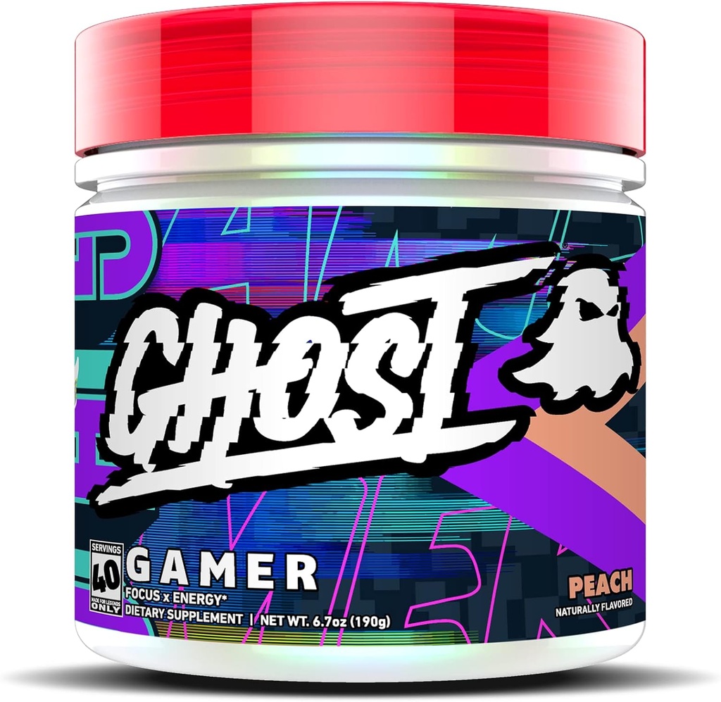 GHOST Gamer: Energy and Focus Support Formula - 40 Servings, Peach - Nootropics & Natural Caffeine for Attenzione, Accuratezza & Reazione Tempo - Vegan, senza glutine
