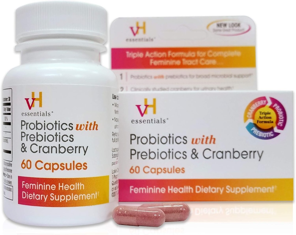 vH essenziali Probiotici con Prebiotici e Cranberry Feminine Salute Supplemento, 60 Conte