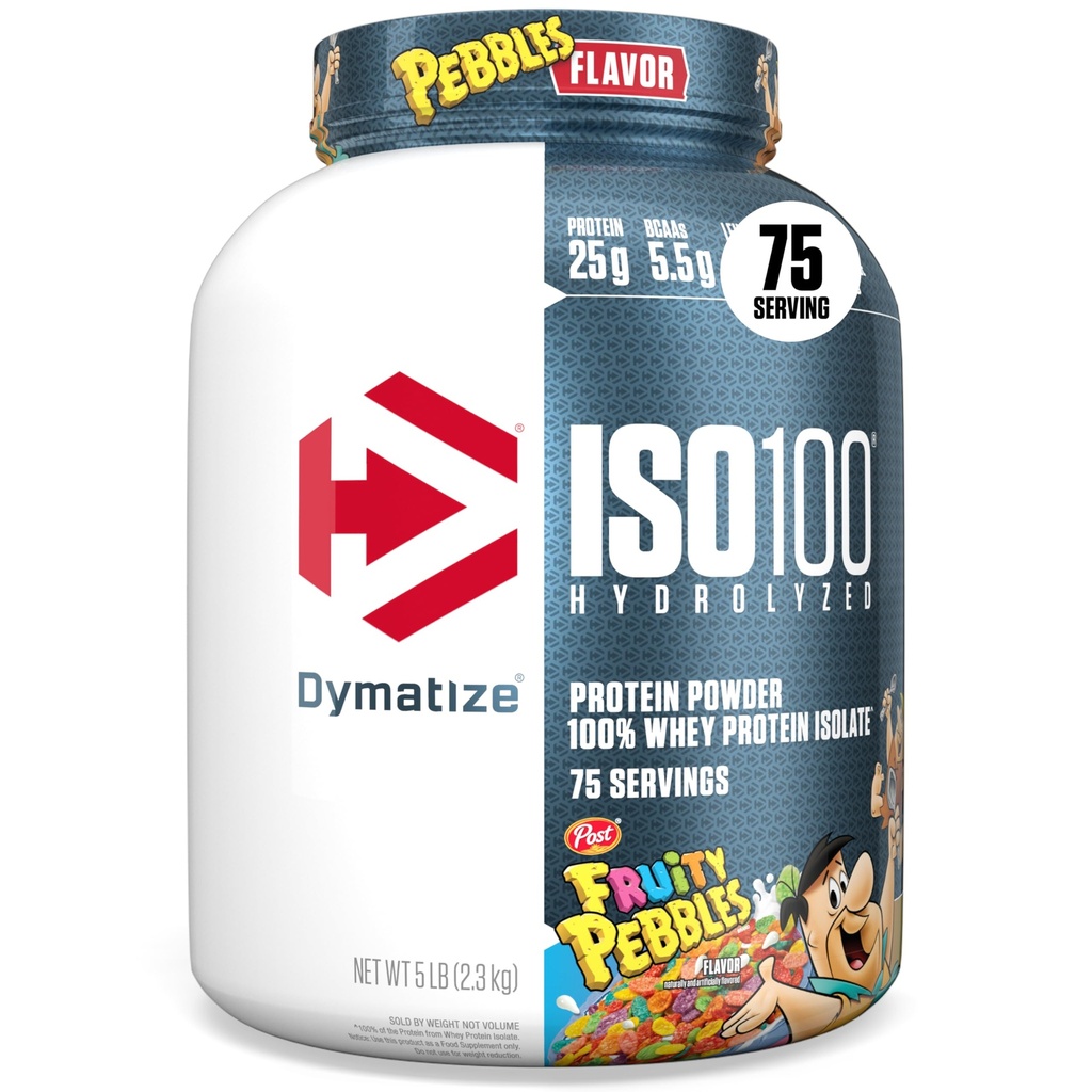 Dymatize x ciottoli fruttati ISO100 Whey Protein Powder Isolate, 25g di proteine, 5.5g BCAAs, 120 Cal., senza glutine, 1g grasso, 1g zucchero, 2g Carb (75 Servings)