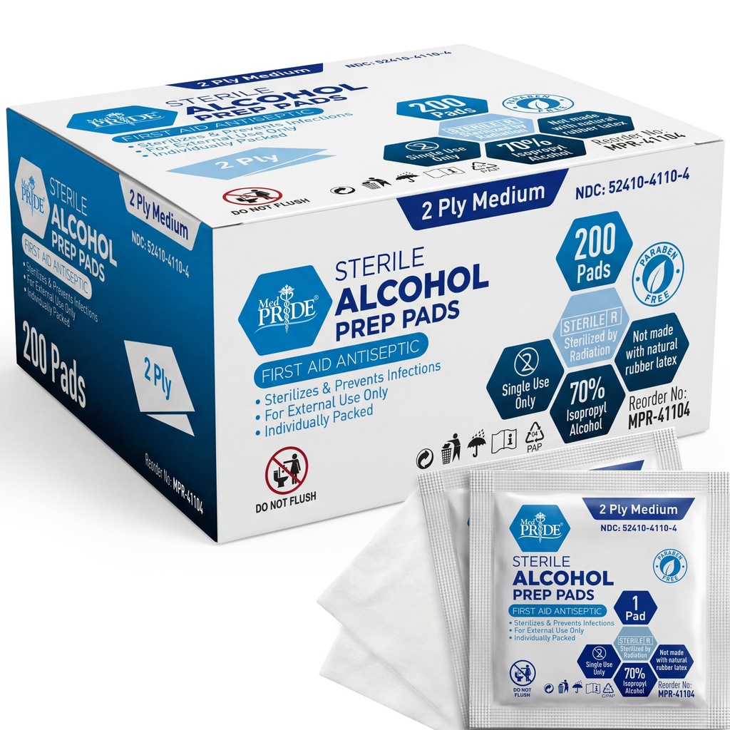 MED PRIDE Sterile Alcohol Prep Pad, Antisettico, 70% Isopropil, Individualmente Wrapped, Grado Medico 2 Ply Wipes (200 Conteggio (Pack of 1) Bianco)