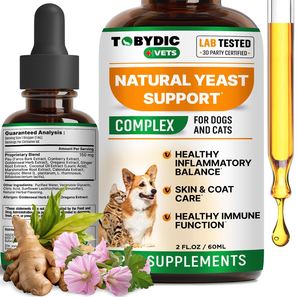 Natural Cats & Dog Yeast Infection Relief - Itchy Skin & Ear Treatment - Riduce Irritation & Relieves Itching and Allergy - Herbal Medicine Drops Supplement - Made in USA