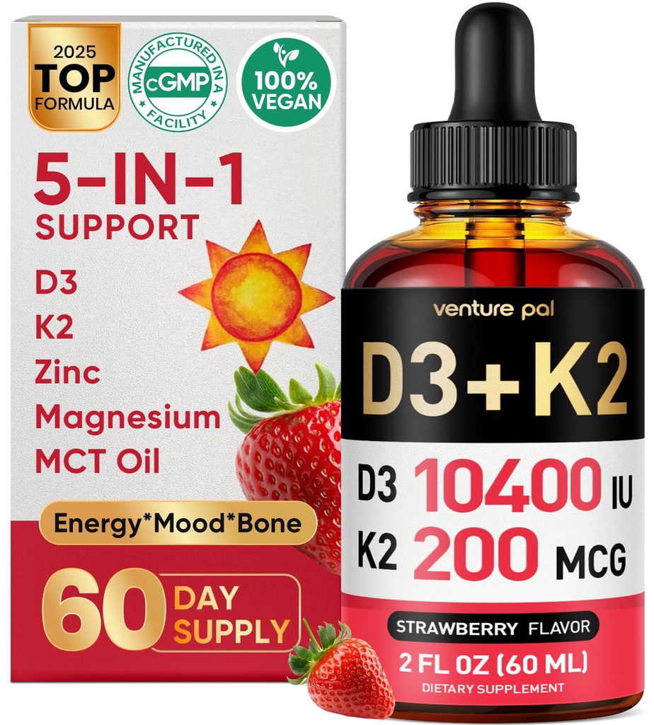 Venture Pal 5-in-1 Vitamina D3 10000 IU & K2 come MK-7 200mcg con magnesio, olio MCT, zinco, vitamina D senza zucchero Liquido | Assorbimento massimo per Bone, Mood & Immune Salute - 2 FL OZ, 67 giorni