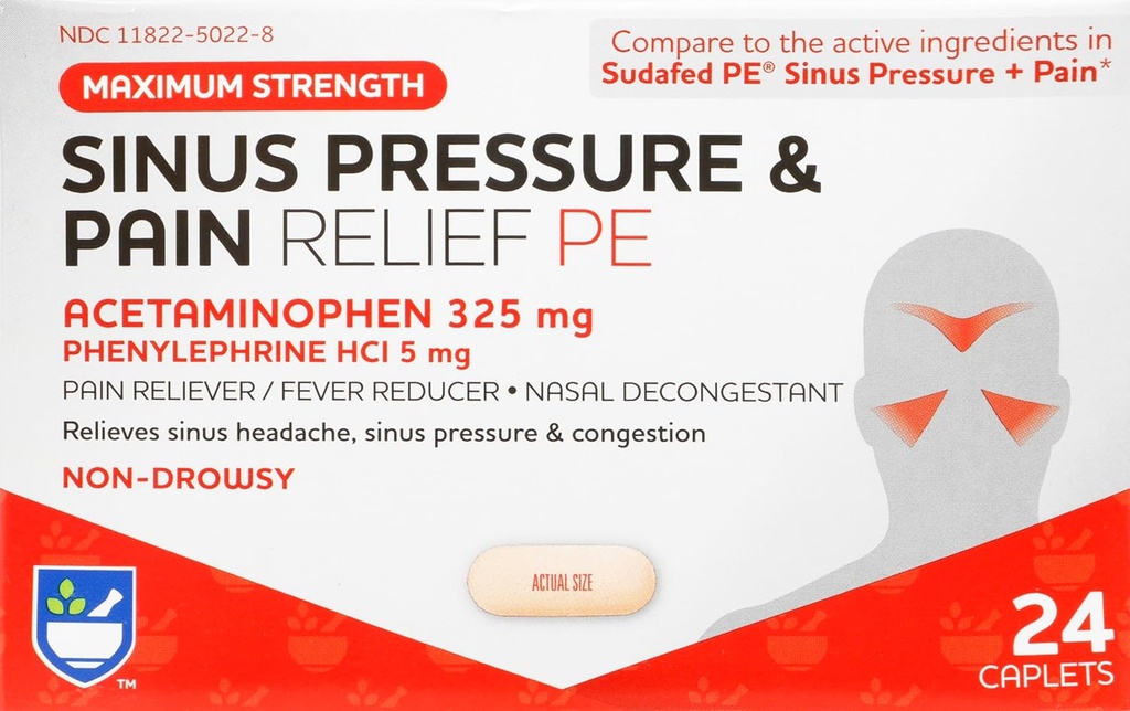 Rite Aid Sinus Pressure and Pain Reliever PE, Non-Drowsy - 24 compresse | Sinus Relief | Rilievo del dolore | Decongestionante nasale | Medicina fredda per gli adulti | Medicazione allergia | Allergy Relief | Mucus Relief
