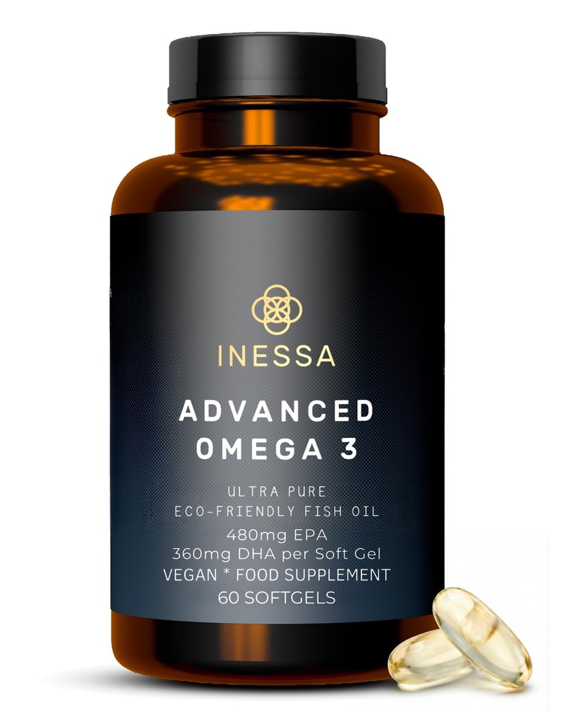 Omega 3 Fish Oil 1200mg (480mg EPA/360mg DHA per capsula) Alta resistenza, Ultra Pure, Eco Friendly 60 capsule, 2 mesi di fornitura. GMP & Friends of The Sea Certification