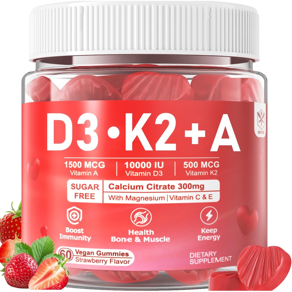Vitamina D3 10000iu + K2 MK7 + A Gummies con zinco di calcio per le donne e gli uomini, supplemento di vitamina ADK ad alta potenza Supporta sistema immunitario sano, funzione di ossa e visione, zucchero gratis 120 Cts