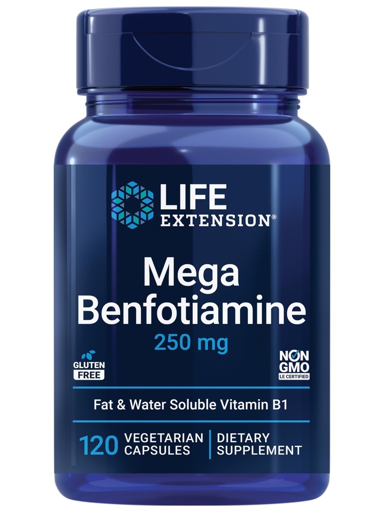 Estensione della vita Mega Benfotiamine, 250 mg, una forma grassa-Soluble di tiamina, Metabolismo sano, Ultra-biodisponibile vitamina B1, alta potenza, senza glutine, non OGM, Vegetariano, 120 capsule