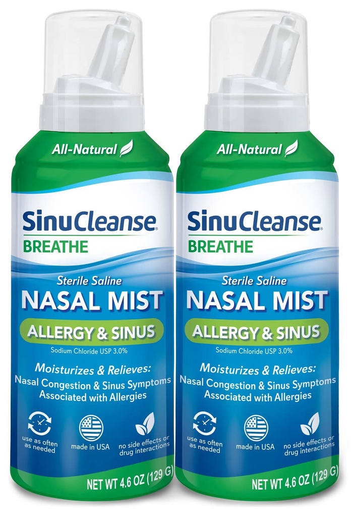 SinuCleanse Allergy & Sinus Sterile Saline Nasal Spray, Ultra Fine Mist, istantaneo Moisturizes & Relieves Severe Congestione Nasale A causa di Allergies, 4.6 Oz (2 Pack), Made in USA