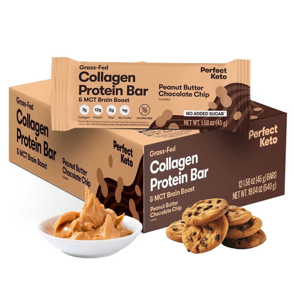 Perfect Keto Collagen Protein Bar, Gluten Free Grass Fed Collagen + MCT Olio, Carbo basso, No Zucchero Aggiunto, Spuntini ad alta proteina, Keto Diet Foods, 13g Protein, 18g Grasso, 3g Carbs Net, Peanut Butter Chocolate Chip, 12 Bar