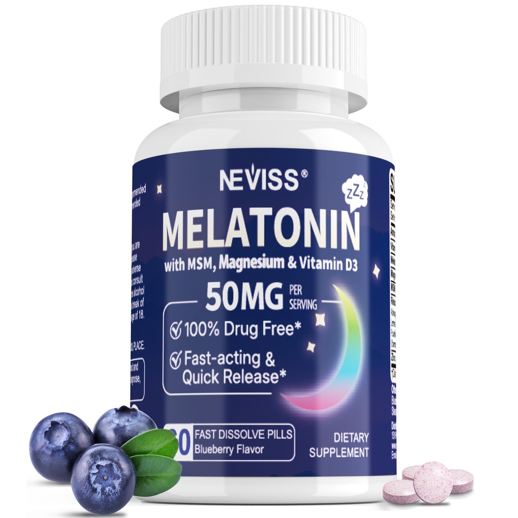 Melatonina 50 mg per gli adulti - Extra Forza 9-in-1 Dissolvere veloce Sublingual - w/Vitamin D3 & MSM, Relaxing Herbal Blend-Ashwagandha, Lemon Balm, Passionflower,Chamomile, Sugar Free, Vegan 60 Servings