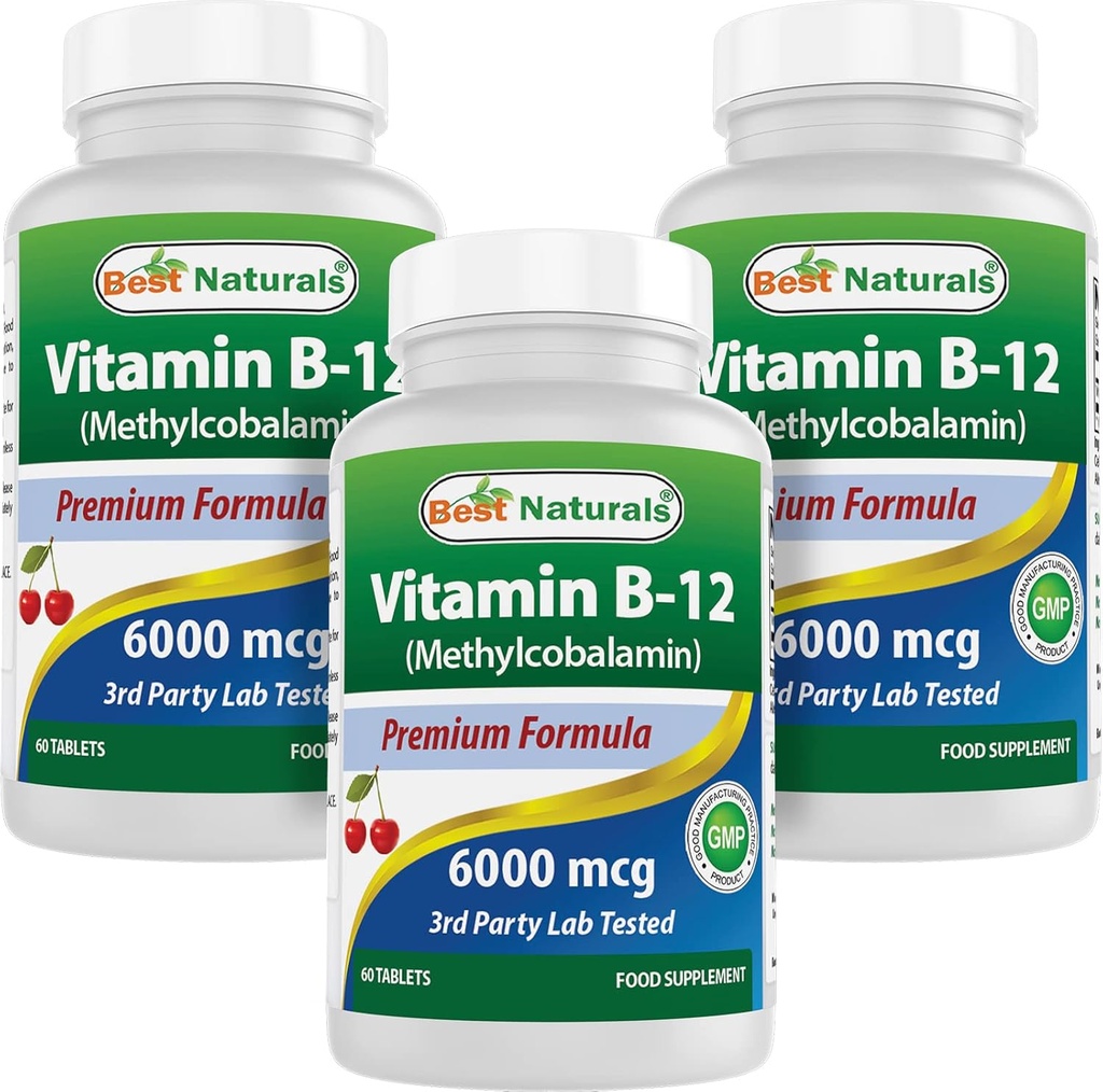 Best Naturals Vitamina B-12 come Methylcobalamin (metil B12), 6000 mcg 60 compresse sublinguali (60 conteggio (pacchetto di 3))