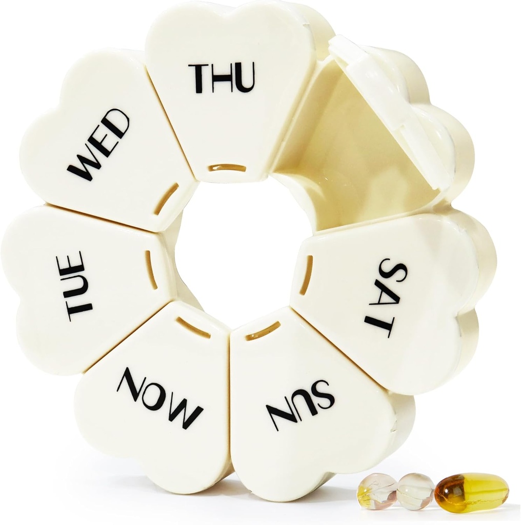 MOLN HYMY Large Weekly Pill Box 7 giorno, Cute Pill Case Organizer 1 volta al giorno, Floral Pill Container Una volta Quotidiano, Pretty Medicine Dispenser per Vitamin/Fish Oil/Medication/Supplements (Milky White)
