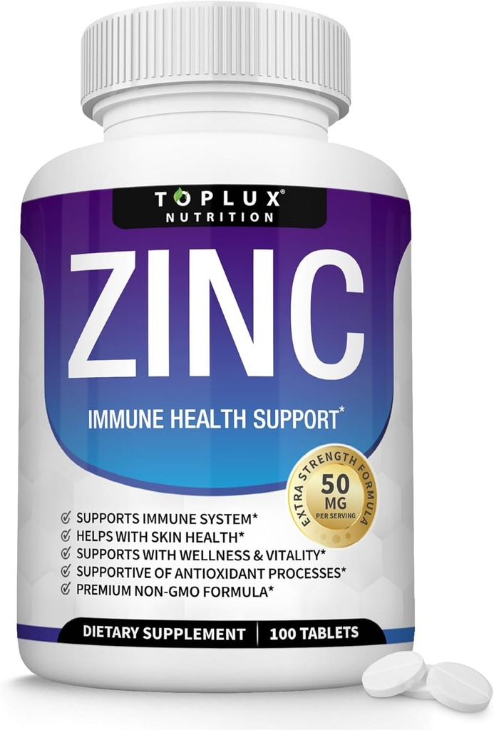 Integratore di zinco 50mg per il supporto immunitario – puro ossido naturale di zinco per aumentare il sistema immunitario, la pelle e il supporto antiossidante, Booster di immunità di alta potenza, per le donne degli uomini, 100 compresse