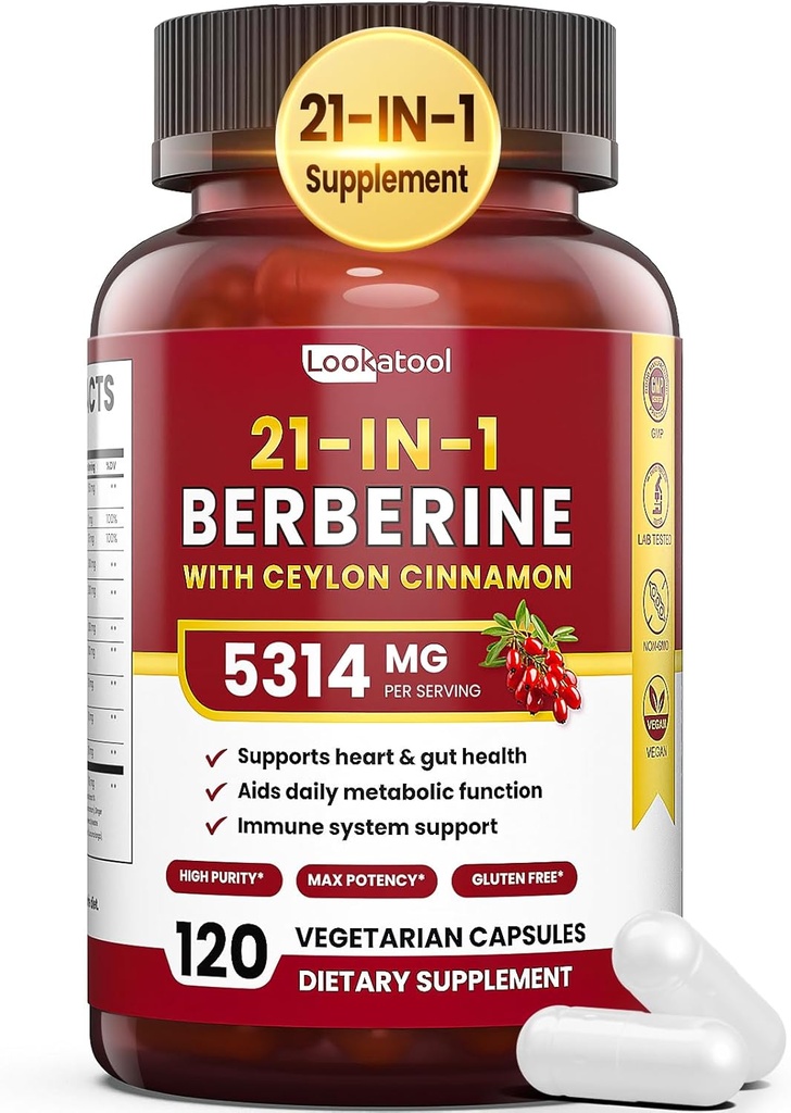 21-in-1 Berberina Supplemento con Ceylon Cinnamon - 1500mg Organic Berberine HCL Phytosome, 5X Assorbimento Superiore per il supporto Metabolismo 100 capsule
