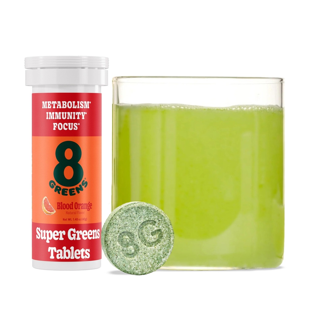 8Greens Supergreens Tablet | Super Greens Powder Superfood Tablet, Metabolismo Immunity & Focus, Daily Greens Effervescent Tablets, Organic: Aloe Vera, Spirulina, Chlorella, Blood Orange, 10 Servings