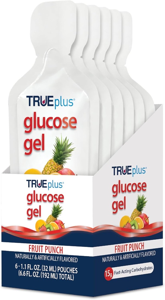 TRUEplus Glucose Gel Pouch, Frutta Punch Flavor, 15g Carboidrati ad azione rapida, Grasso Libero, Gluten Free, Quick Support for Low Blood Sugar and Energy, 6 Pack