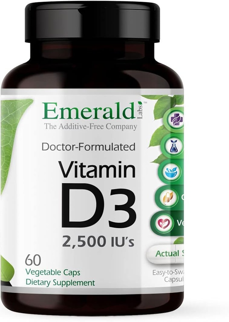 EMERALD LABS Vitamina D3 2.500 IU's - Supporta ossa, denti, muscolo, cuore e salute immunitaria - Supplemento dietetico Premium - 60 capsule vegetali (alimentazione di 60 giorni)