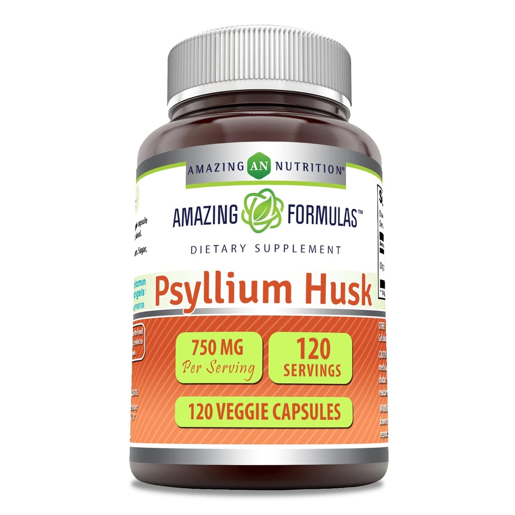 Incredibile formulas Psyllium Husk 750mg Veggie Capsule Supplemento | Non OGM | Gluten Free | Made in USA | Adatto per vegetariani (120 Conte)
