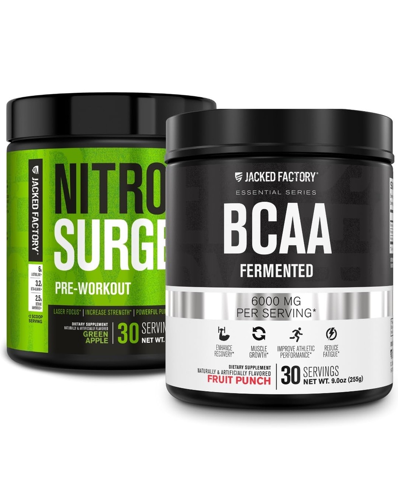 Jacked Factory Nitrosurge Pre-Workout in Green Apple & BCAA in Fruit Punch per la costruzione del muscolo e il recupero