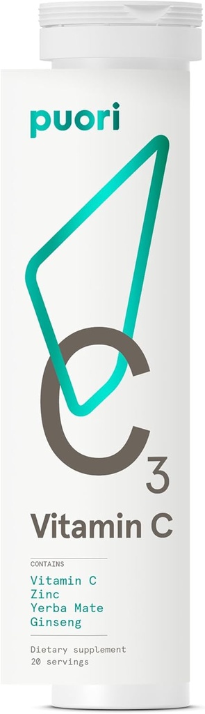 Puori C3 Vitamina C Integratore per Supporto Immune e Antiossidante - 20 Serve - Vitamina C, Zinco, Yerba Mate, Ginseng Aiuta a combattere la Fatica e la Funzione Cognitiva